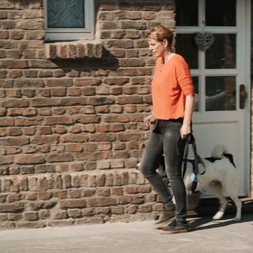 Person mit Hund verlässt Backsteinhaus durch eine Tür nach draußen.